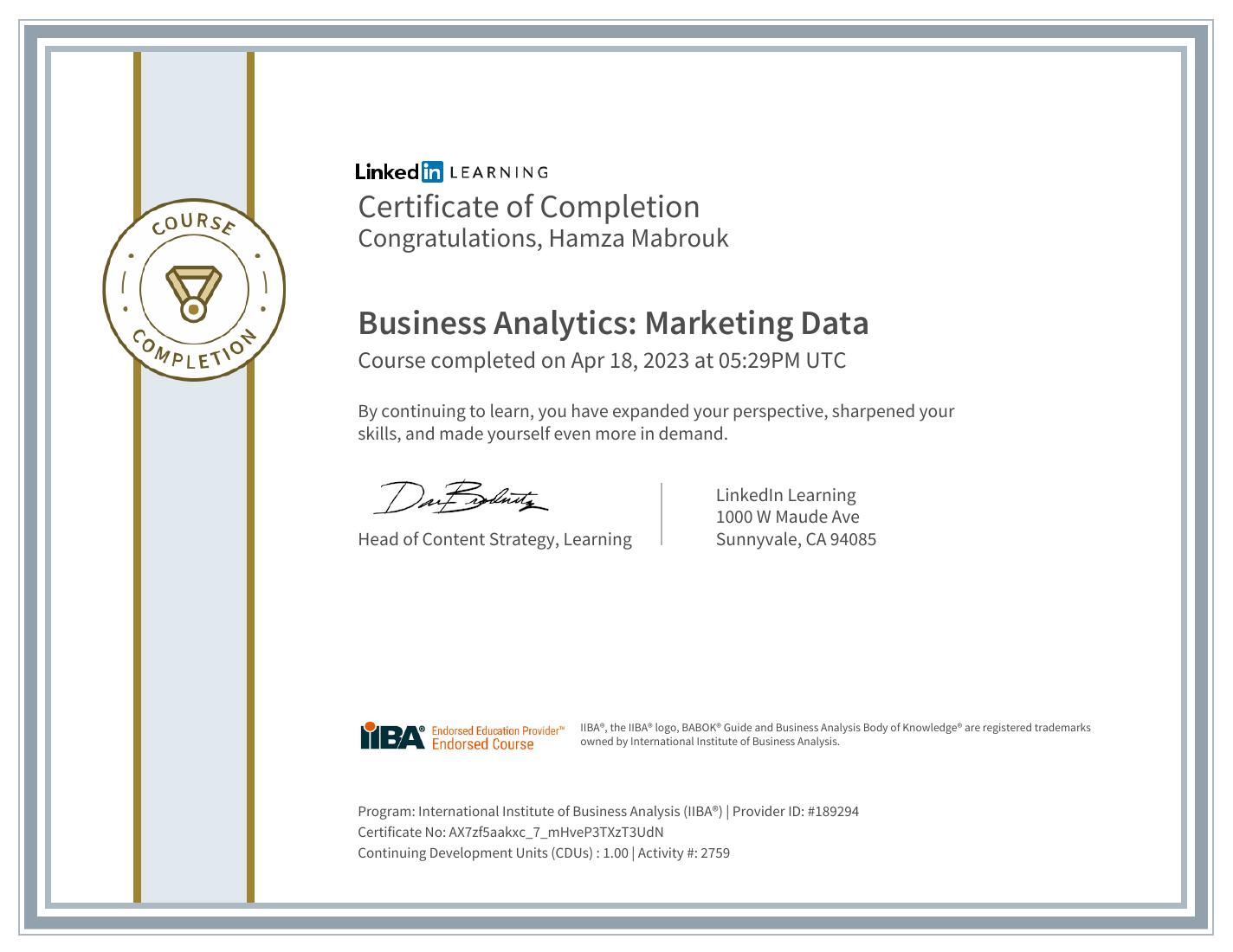 Business Analytics: Marketing Data certificate