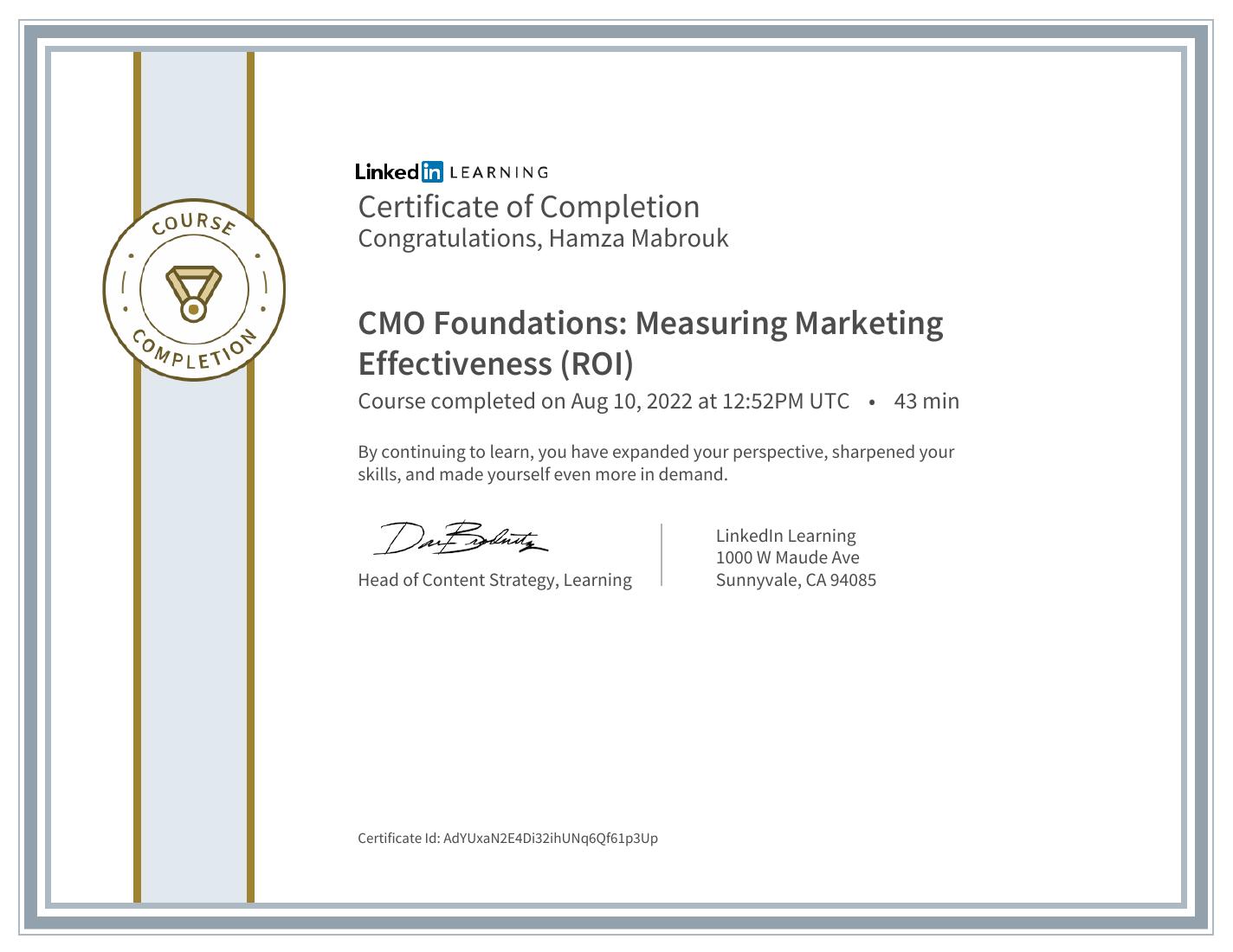 CMO Foundations: Measuring Marketing Effectiveness (ROI) certificate