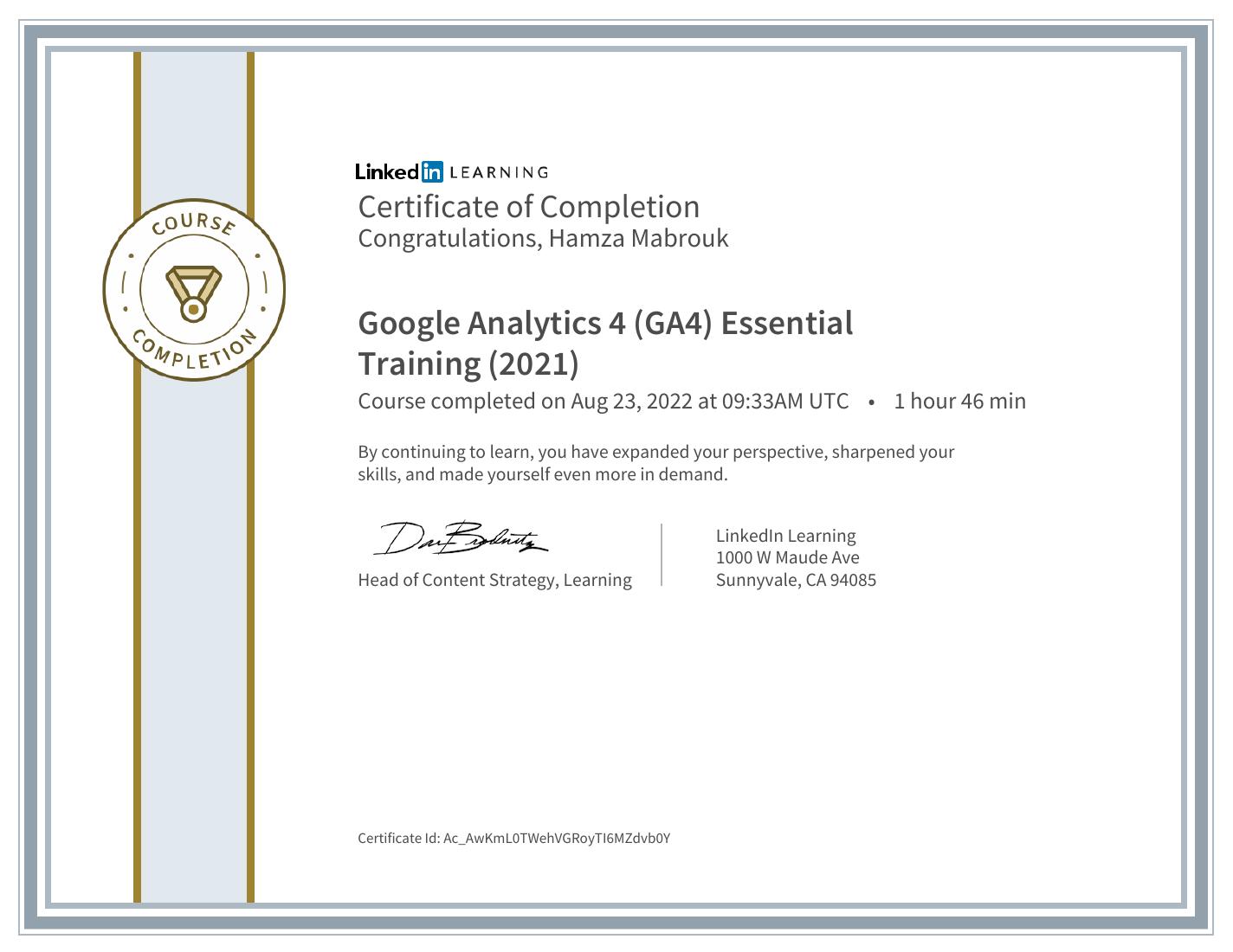 Google Analytics 4 (GA4) Essential Training certificate