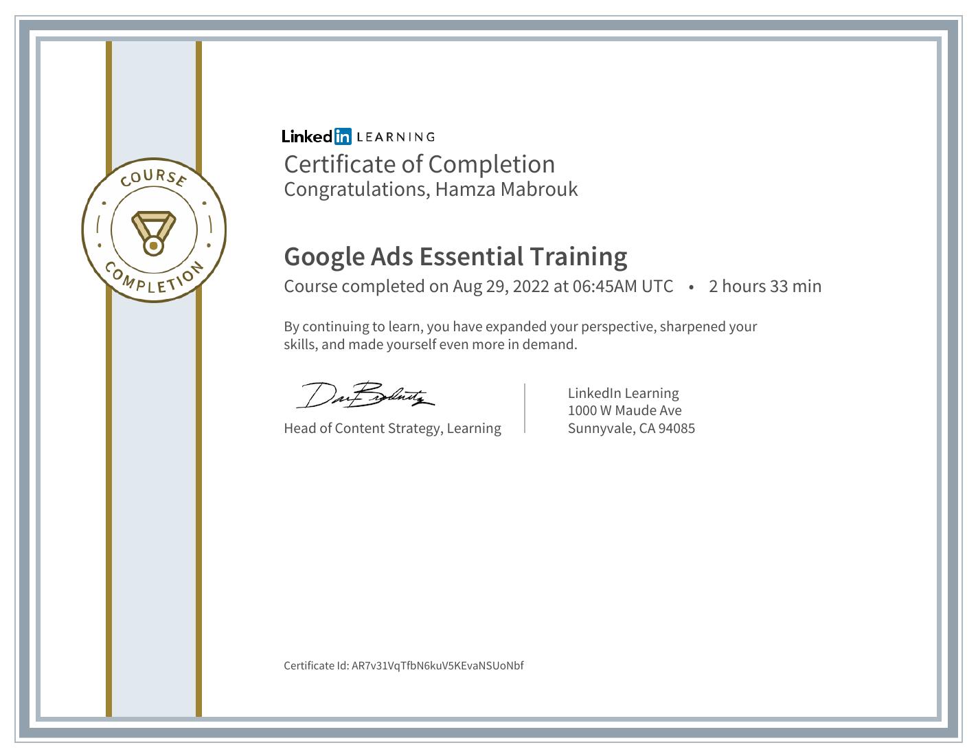 Google Ads Essential Training certificate