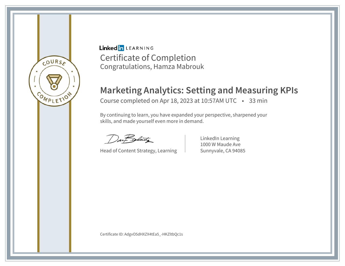 Marketing Analytics: Setting & Measuring KPIs certificate