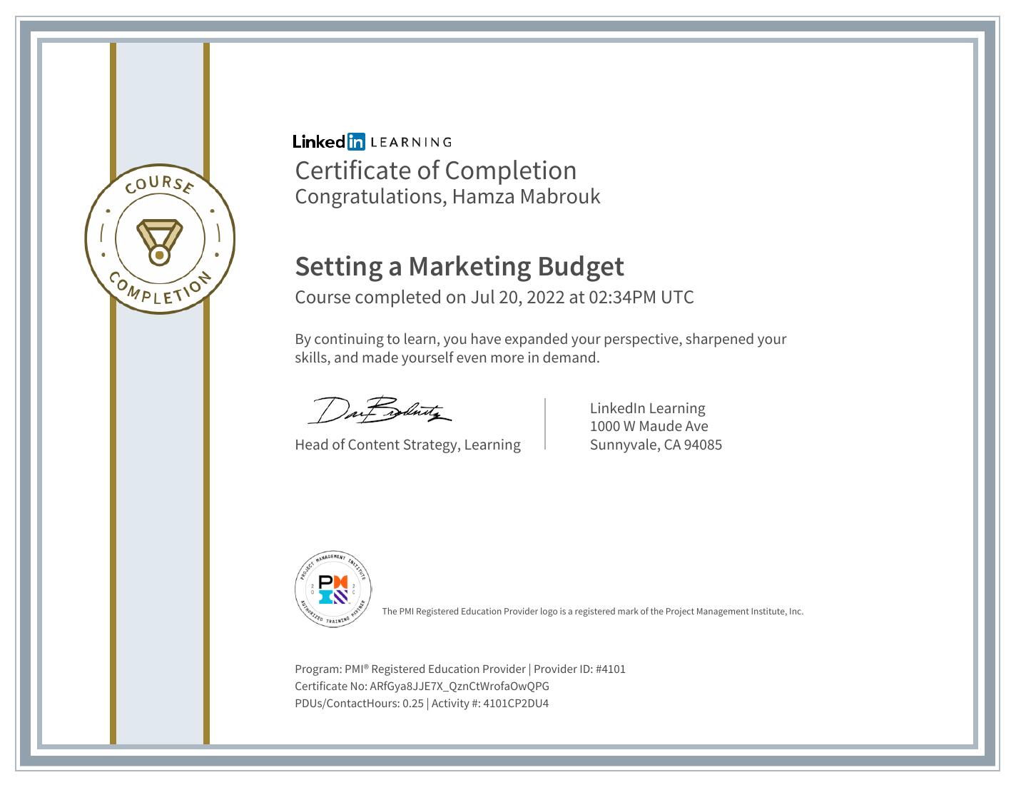 Setting a Marketing Budget certificate