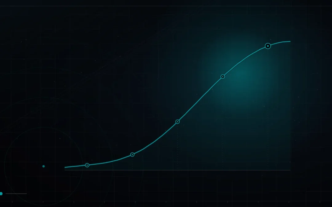 Dark branded graphic of a rising growth curve with milestone markers – Marketing Strategy for Startups in Qatar